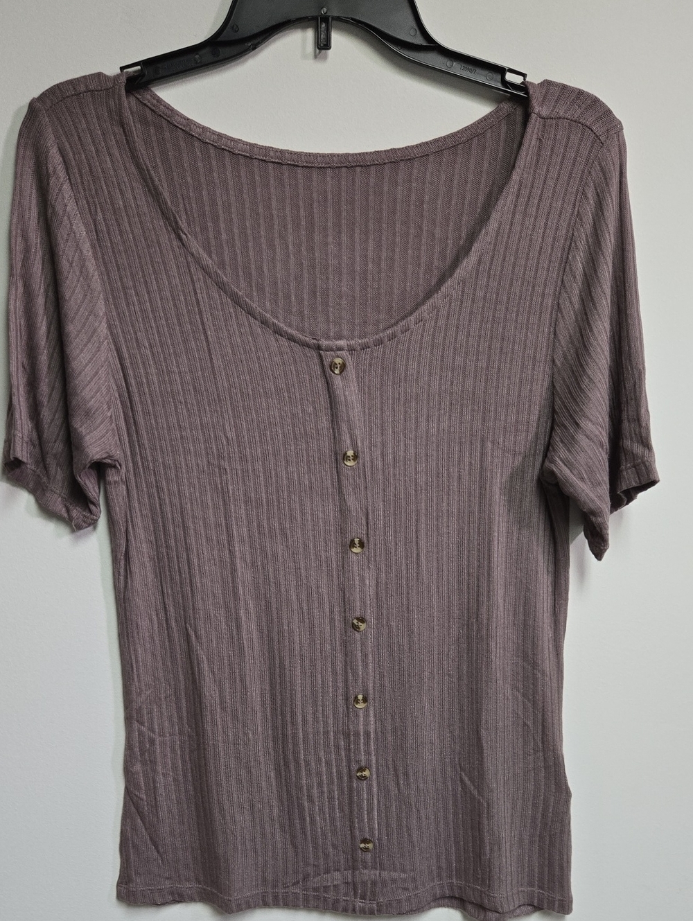 Vivance Ribbed Button-Front Short Sleeve Tee - Brown
